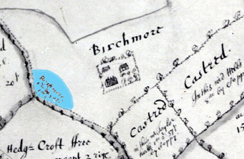 The light blue shows the area highlighted as Birchmoor churchyard in 1661 [X1/33]